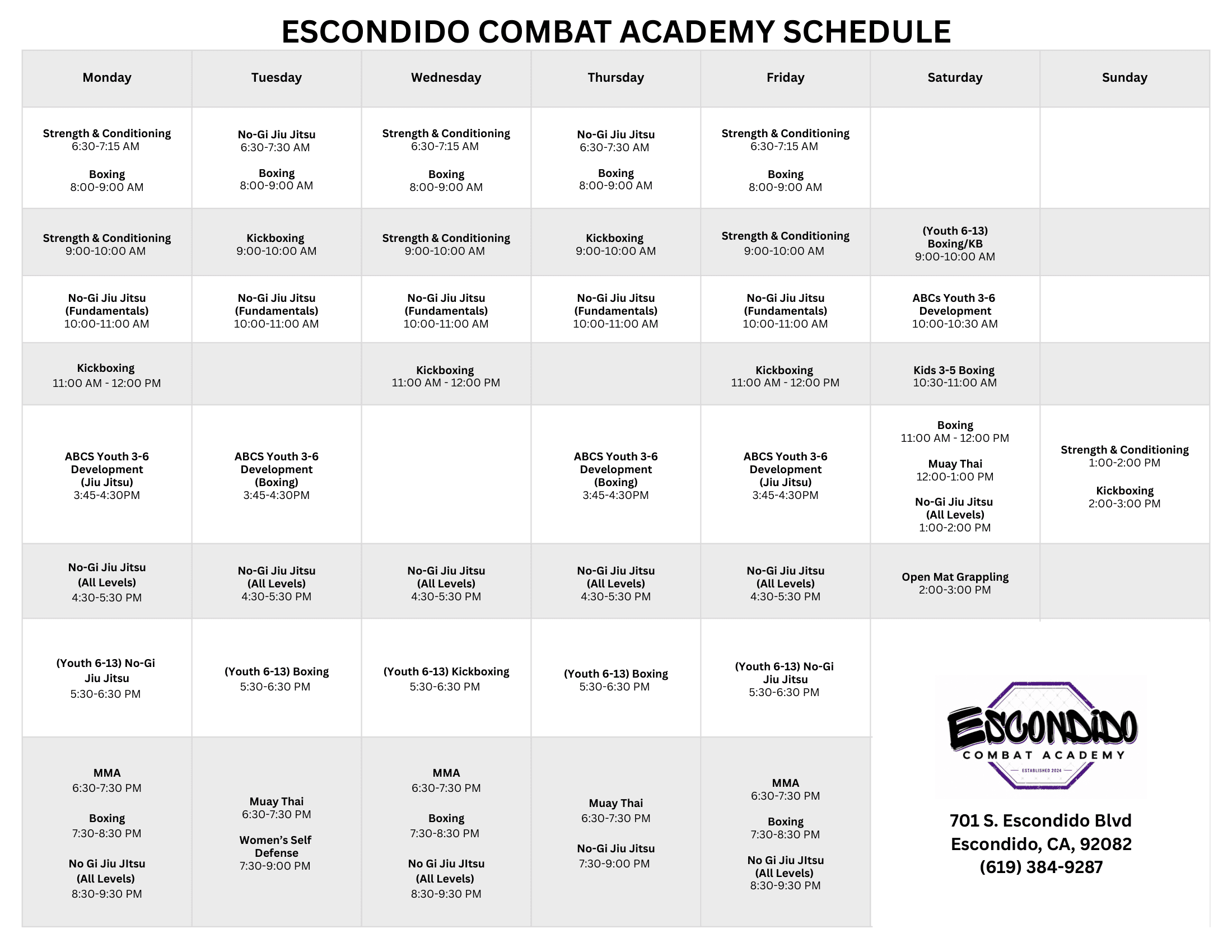 Escondido Combat Academy class schedule